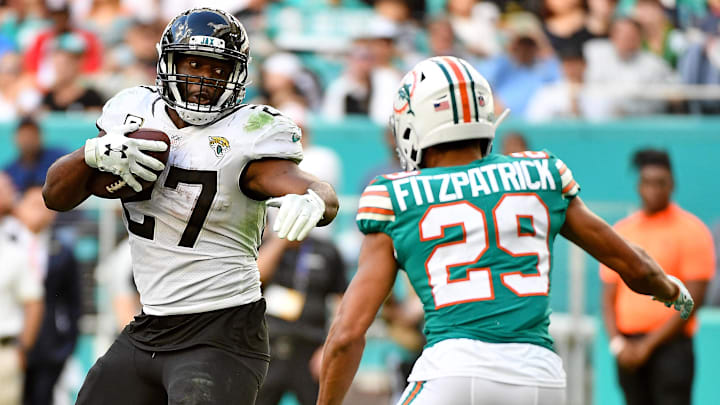 Dec 23, 2018; Miami Gardens, FL, USA; Jacksonville Jaguars running back Leonard Fournette (27)