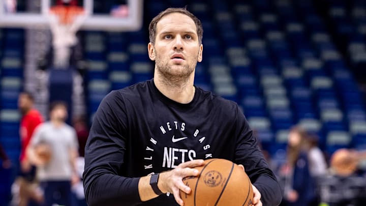 Nov 11, 2024; New Orleans, Louisiana, USA;  Brooklyn Nets forward Bojan Bogdanovic (44) warms up before the game against the New Orleans Pelicans at Smoothie King Center. Mandatory Credit: Stephen Lew-Imagn Images