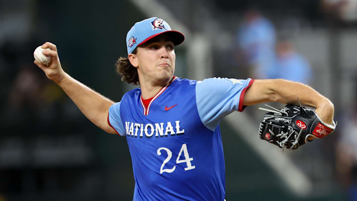 National League Future pitcher Chase Dollander (24) throws during the first inning against the American League Future team during the Major league All-Star Futures game at Globe Life Field in 2024. National League Future pitcher Chase Dollander (24) throws during the first inning against the American League Future team during the Major league All-Star Futures game at Globe Life Field in 2024.