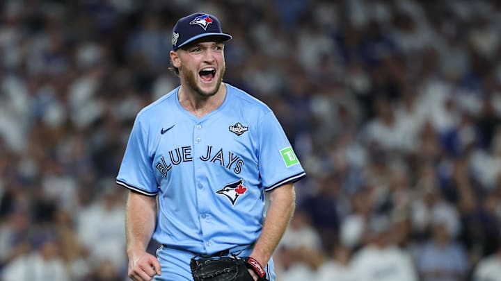 Oct. 29, 2025; Los Angeles, California, USA; Toronto Blue Jays pitcher Trey Yesavage (39) celebrates after a double play during the seventh inning against the Los Angeles Dodgers during game five of the 2025 MLB World Series at Dodger Stadium.