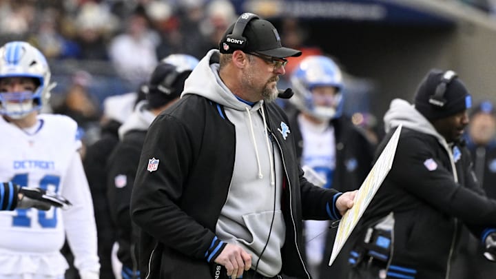 Jan 4, 2026; Chicago, Illinois, USA; Detroit Lions head coach Dan Campbell looks on against the Chicago Bears during the first half at Soldier Field. Mandatory Credit: Matt Marton-Imagn Images