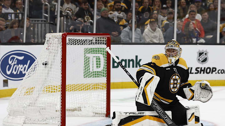 Oct 14, 2024; Boston, Massachusetts, USA; A shot by Florida Panthers center Sam Reinhart (13) gets past Boston Bruins goaltender Jeremy Swayman (1) for a goal during the first period at TD Garden. Mandatory Credit: Winslow Townson-Imagn Images