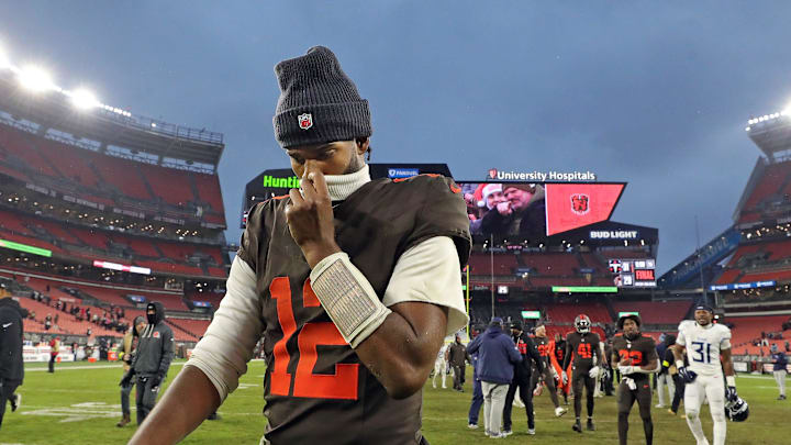 Cleveland Browns quarterback Shedeur Sanders (12) walks off the field after losing to the Tennessee Titans in an NFL football game at Huntington Bank Field, Dec. 7, 2025, in Cleveland, Ohio. Cleveland Browns quarterback Shedeur Sanders (12) walks off the field after losing to the Tennessee Titans in an NFL football game at Huntington Bank Field, Dec. 7, 2025, in Cleveland, Ohio.