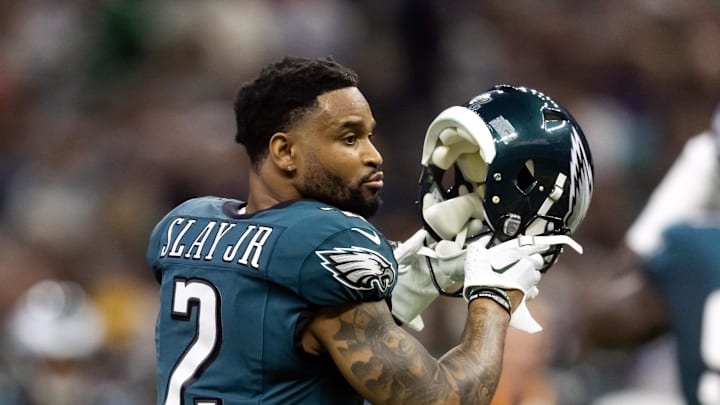 Feb 9, 2025; New Orleans, LA, USA; Philadelphia Eagles cornerback Darius Slay Jr. (2) against the Kansas City Chiefs during Super Bowl LIX at Ceasars Superdome. Mandatory Credit: Mark J. Rebilas-Imagn Images