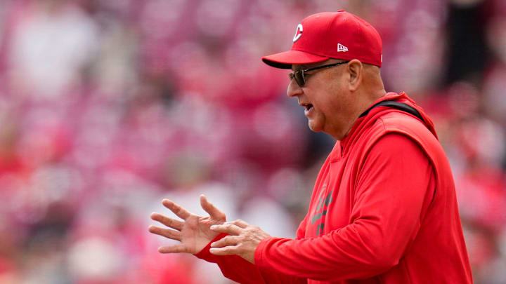 Cincinnati Reds manager Terry Francona (77) walks to the mound to relieve Brady Singer in the fifth inning of the MLB Interleague game between the Cincinnati Reds and the Seattle Mariners at Great American Ball Park in downtown Cincinnati on Thursday, April 17, 2025. The Mariners beat the Reds, 11-7, in 10 innings. Cincinnati Reds manager Terry Francona (77) walks to the mound to relieve Brady Singer in the fifth inning of the MLB Interleague game between the Cincinnati Reds and the Seattle Mariners at Great American Ball Park in downtown Cincinnati on Thursday, April 17, 2025. The Mariners beat the Reds, 11-7, in 10 innings.