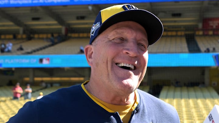 Oct 16, 2025; Los Angeles, California, USA; Milwaukee Brewers manager Pat Murphy (49) speaks to media on the field before game three against the Los Angeles Dodgers in the NLCS round for the 2025 MLB playoffs at Dodger Stadium. Mandatory Credit: Jayne Kamin-Oncea-Imagn Images