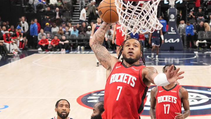 Apr 9, 2025; Inglewood, California, USA; Houston Rockets forward Cam Whitmore (7) dunks against the Los Angeles Clippers in the second half at Intuit Dome. Mandatory Credit: Kirby Lee-Imagn Images Apr 9, 2025; Inglewood, California, USA; Houston Rockets forward Cam Whitmore (7) dunks against the Los Angeles Clippers in the second half at Intuit Dome. Mandatory Credit: Kirby Lee-Imagn Images