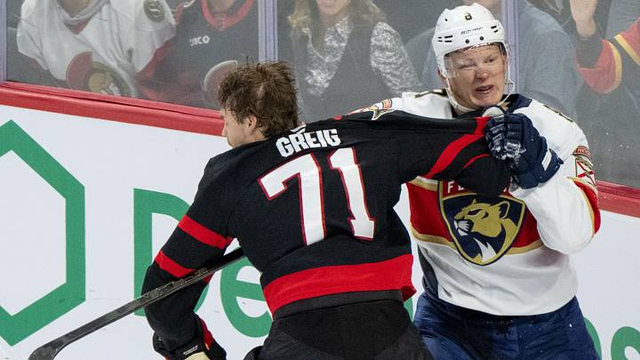 Oct 21, 2026; Ottawa, Ontario, CAN; Ottawa Senators center Ridly Greig (71) fights with Florida Panthers left wing Brady Tkachuk (8) in the third period at the Canadian Tire Centre. Mandatory Credit: Marc DesRosiers-Imagn Oct 21, 2026; Ottawa, Ontario, CAN; Ottawa Senators center Ridly Greig (71) fights with Florida Panthers left wing Brady Tkachuk (8) in the third period at the Canadian Tire Centre. Mandatory Credit: Marc DesRosiers-Imagn