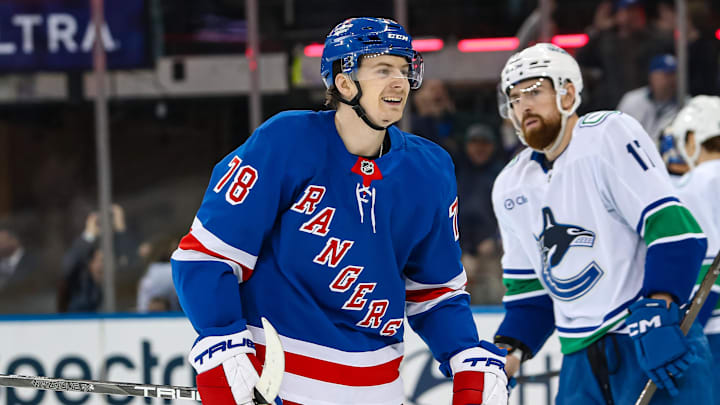 Mar 22, 2025; New York, New York, USA; New York Rangers left wing Brennan Othmann (78) celebrates a goal against the Vancouver Canucks during the third period at Madison Square Garden. Mandatory Credit: Danny Wild-Imagn Images