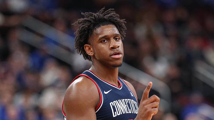 Jan 13, 2026; Newark, New Jersey, USA; UConn Huskies forward Tarris Reed Jr. (5) reacts after scoring a basket against the Seton Hall Pirates during the first half at Prudential Center. Mandatory Credit: Vincent Carchietta-Imagn Images Jan 13, 2026; Newark, New Jersey, USA; UConn Huskies forward Tarris Reed Jr. (5) reacts after scoring a basket against the Seton Hall Pirates during the first half at Prudential Center. Mandatory Credit: Vincent Carchietta-Imagn Images