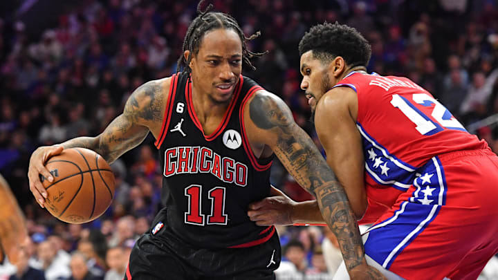 Jan 6, 2023; Philadelphia, Pennsylvania, USA; Chicago Bulls forward DeMar DeRozan (11) drives 