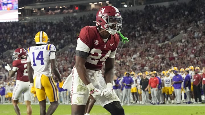Nov 8, 2025; Tuscaloosa, Alabama, USA; Alabama linebacker Noah Carter (24) celebrates a tackle near the LSU goal line at Saban Field at Bryant-Denny Stadium. Alabama defeated LSU 20-9. Mandatory Credit: Gary Cosby Jr.-Imagn Images Nov 8, 2025; Tuscaloosa, Alabama, USA; Alabama linebacker Noah Carter (24) celebrates a tackle near the LSU goal line at Saban Field at Bryant-Denny Stadium. Alabama defeated LSU 20-9. Mandatory Credit: Gary Cosby Jr.-Imagn Images