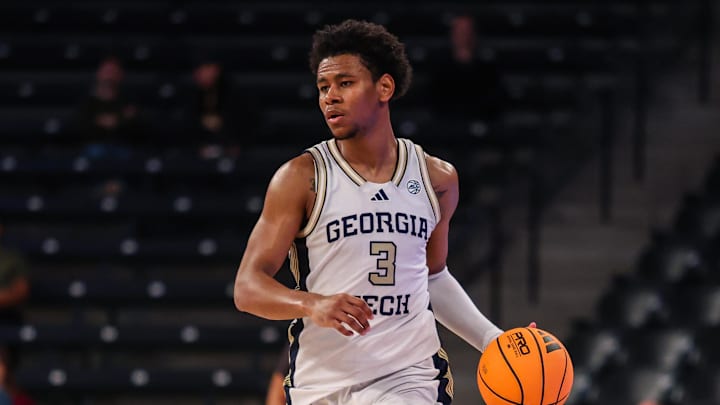Mar 4, 2026; Atlanta, Georgia, USA; Georgia Tech Yellow Jackets guard Jaeden Mustaf (3) dribbles the ball down the court against the California Golden Bears during the second half at McCamish Pavilion. Mandatory Credit: Jordan Godfree-Imagn Images
