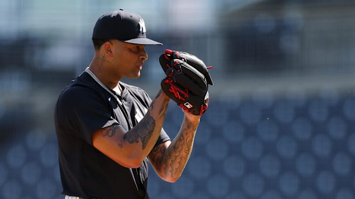 Tampa, FL, USA; New York Yankees starting pitcher Luis Gil (81) participates in spring training workouts at George M. Steinbrenner Field.