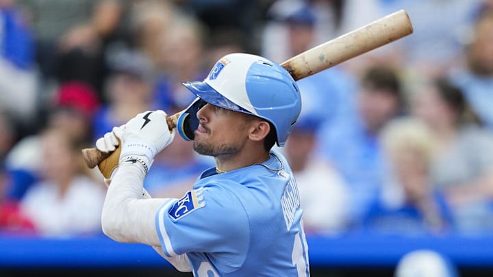 May 16, 2025; Kansas City, Missouri, USA; Kansas City Royals designated hitter Cavan Biggio (18) hits a double during the second inning against the St. Louis Cardinals at Kauffman Stadium. Mandatory Credit: Jay Biggerstaff-Imagn Images May 16, 2025; Kansas City, Missouri, USA; Kansas City Royals designated hitter Cavan Biggio (18) hits a double during the second inning against the St. Louis Cardinals at Kauffman Stadium. Mandatory Credit: Jay Biggerstaff-Imagn Images