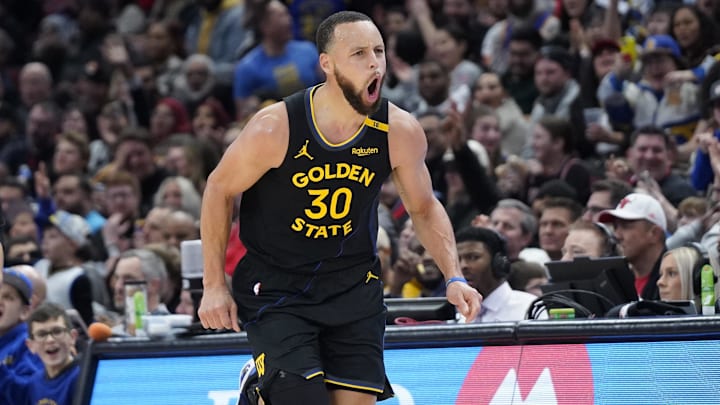 Feb 8, 2025; Chicago, Illinois, USA; Golden State Warriors guard Stephen Curry (30) reacts after making a three point basket during the second half against the Chicago Bulls at United Center. Mandatory Credit: David Banks-Imagn Images