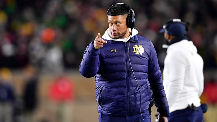 Dec 20, 2024; Notre Dame, Indiana, USA; Notre Dame Fighting Irish head coach Marcus Freeman during the third quarter against the Indiana Hoosiers at Notre Dame Stadium. Mandatory Credit: Matt Cashore-Imagn Images