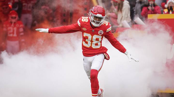 Dec 25, 2023; Kansas City, Missouri, USA; Kansas City Chiefs cornerback L'Jarius Sneed (38) is introduced against the Las Vegas Raiders prior to a game at GEHA Field at Arrowhead Stadium. Mandatory Credit: Denny Medley-Imagn Images