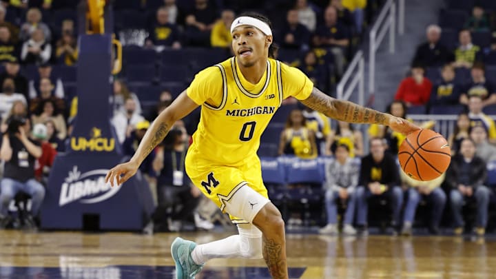 Feb 7, 2024; Ann Arbor, Michigan, USA;  Michigan Wolverines guard Dug McDaniel (0) dribbles in the