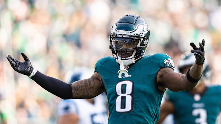 Dec 8, 2024; Philadelphia, Pennsylvania, USA;  Philadelphia Eagles safety C.J. Gardner-Johnson (8) reacts after a play against the Carolina Panthers at Lincoln Financial Field. Mandatory Credit: Bill Streicher-Imagn Images