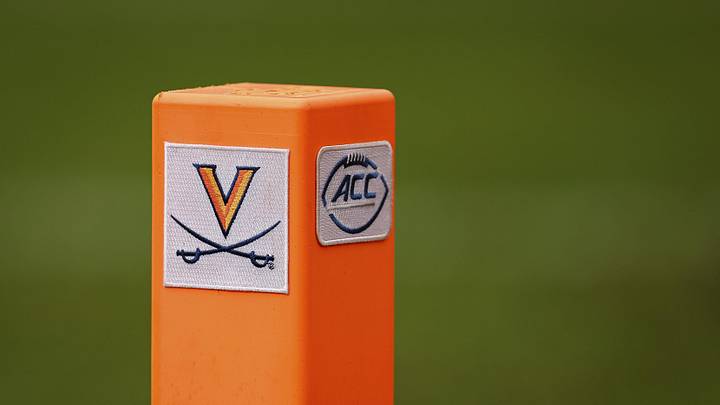 Nov 5, 2022; Charlottesville, Virginia, USA; A detailed view of the Virginia Cavaliers and ACC logos on the end zone pylon used during the game between the Virginia Cavaliers and the North Carolina Tar Heels at Scott Stadium. Mandatory Credit: Scott Taetsch-Imagn Images Nov 5, 2022; Charlottesville, Virginia, USA; A detailed view of the Virginia Cavaliers and ACC logos on the end zone pylon used during the game between the Virginia Cavaliers and the North Carolina Tar Heels at Scott Stadium. Mandatory Credit: Scott Taetsch-Imagn Images