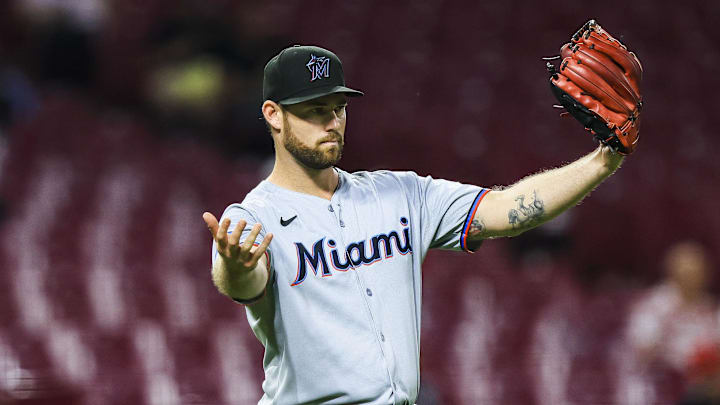 Jul 7, 2025; Cincinnati, Ohio, USA; Miami Marlins relief pitcher Anthony Bender (37) reacts after the victory over the Cincinnati Reds at Great American Ball Park. Mandatory Credit: Katie Stratman-Imagn Images