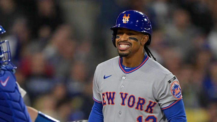 Apr 14, 2026; Los Angeles, California, USA; New York Mets shortstop Francisco Lindor (12) reacts to striking out against the Los Angeles Dodgers during the third inning at Dodger Stadium. Mandatory Credit: Jayne Kamin-Oncea-Imagn Images