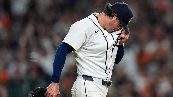 Detroit Tigers pitcher Kyle Finnegan (67) walks off the field for pitching change during the eighth inning against Cleveland Guardians at Comerica Park in Detroit on Tuesday, August 11, 2026. Detroit Tigers pitcher Kyle Finnegan (67) walks off the field for pitching change during the eighth inning against Cleveland Guardians at Comerica Park in Detroit on Tuesday, August 11, 2026.