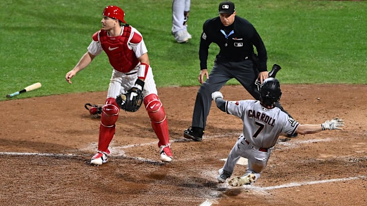 Oct 24, 2023; Philadelphia, Pennsylvania, USA; Arizona Diamondbacks left fielder Corbin Carroll (7)
