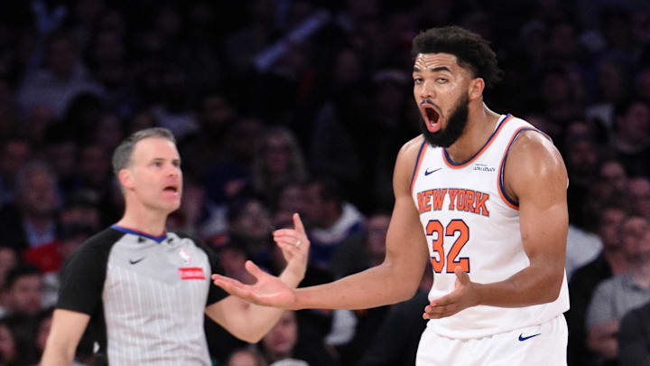 Nov 13, 2024; New York, New York, USA; New York Knicks center Karl-Anthony Towns (32) reacts during the second half against the Chicago Bulls at Madison Square Garden. 