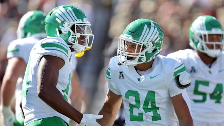 West Point, New York, USA; North Texas Mean Green running back Caleb Hawkins (24) celebrates his touchdown against the Army Black Knights during the second half at Michie Stadium.