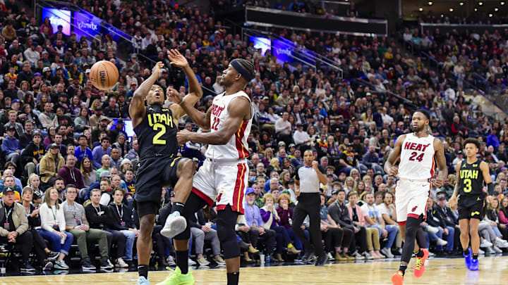 Dec 31, 2022; Salt Lake City, Utah, USA; Utah Jazz guard Collin Sexton (2) gets fouled by Miami Heat