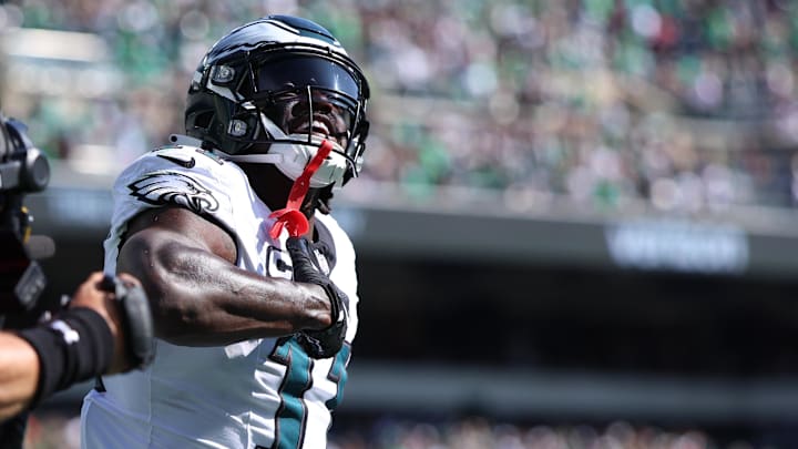 Sep 21, 2025; Philadelphia, Pennsylvania, USA; Philadelphia Eagles wide receiver AJ. Brown (11) reacts after scoring a touchdown against the Los Angeles Rams during the first half at Lincoln Financial Field. Mandatory Credit: Bill Streicher-Imagn Images