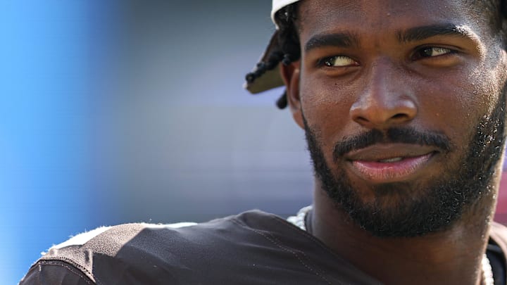 Aug 16, 2025; Philadelphia, Pennsylvania, USA; Cleveland Browns quarterback Shedeur Sanders looks on during the third quarter against the Philadelphia Eagles at Lincoln Financial Field. Mandatory Credit: Bill Streicher-Imagn Images
