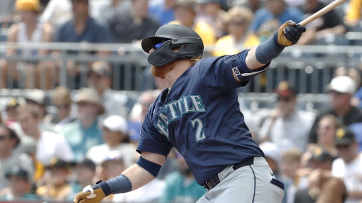 Seattle Mariners first baseman Justin Turner (2) hits a single against the Pittsburgh Pirates during the first inning at PNC Park in 2024. Seattle Mariners first baseman Justin Turner (2) hits a single against the Pittsburgh Pirates during the first inning at PNC Park in 2024.