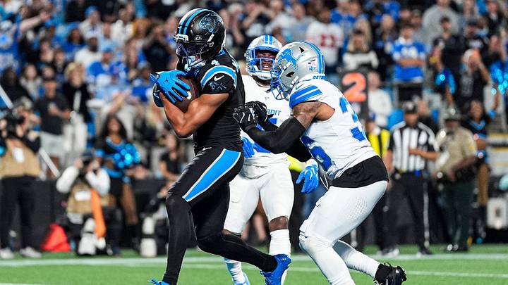 Carolina Panthers wide receiver Tetairoa McMillan (4) makes a catch for a touchdown against Detroit Lions during the second half at Bank of America Stadium in Charlotte on Sunday, Oct. 4, 2026. Carolina Panthers wide receiver Tetairoa McMillan (4) makes a catch for a touchdown against Detroit Lions during the second half at Bank of America Stadium in Charlotte on Sunday, Oct. 4, 2026.