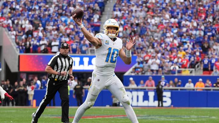 Los Angeles Chargers quarterback Justin Herbert (10) throws in the second half against the Buffalo Bills at New Highmark Stadium.  