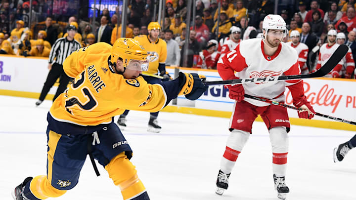 Mar 14, 2023; Nashville, Tennessee, USA; Nashville Predators defenseman Tyson Barrie (22) shoots the