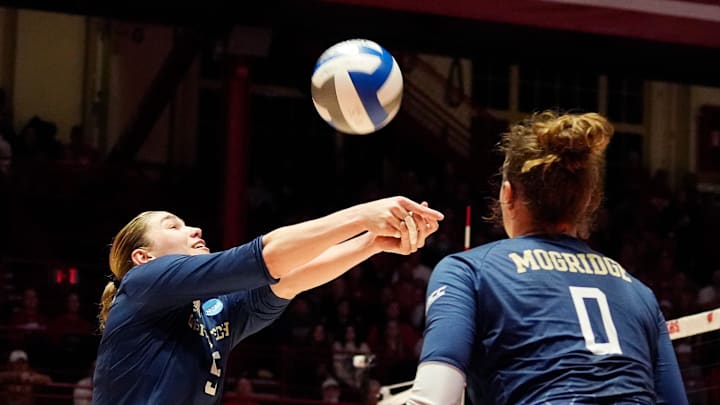 Georgia Tech outside hitter Bianca Bertolino (5) with a return hit during the second set against Wisconsin in the second-round match of the NCAA volleyball playoffs on Friday December 6, 2024 at the UW Field House in Madison, Wis.