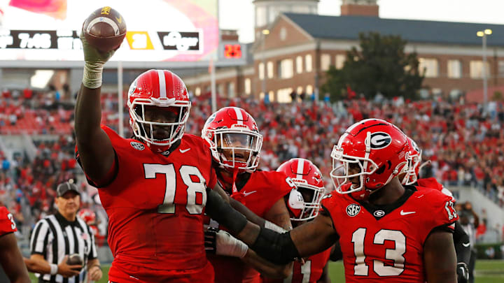 Georgia defensive lineman Nazir Stackhouse (78) celebrates after making an interception that was later called back during the second half of a NCAA college football game against Missouri in Athens, Ga., on Saturday, Nov. 4, 2023. Georgia won 30-21. Georgia defensive lineman Nazir Stackhouse (78) celebrates after making an interception that was later called back during the second half of a NCAA college football game against Missouri in Athens, Ga., on Saturday, Nov. 4, 2023. Georgia won 30-21.