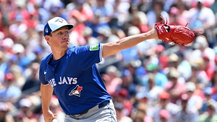 Mar 24, 2024; Clearwater, Florida, USA; Toronto Blue Jays starting pitcher Chris Bassitt (40) throws a pitch in the first inning of the spring training game against the Philadelphia Phillies at BayCare Ballpark. Mandatory Credit: Jonathan Dyer-USA TODAY Sports