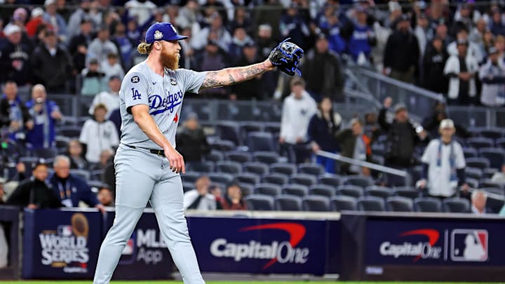 Oct 28, 2024; New York, New York, USA; Los Angeles Dodgers pitcher Michael Kopech (45) celebrates after an out during the ninth inning against the New York Yankees in game three of the 2024 MLB World Series at Yankee Stadium. Mandatory Credit: Brad Penner-Imagn Images Oct 28, 2024; New York, New York, USA; Los Angeles Dodgers pitcher Michael Kopech (45) celebrates after an out during the ninth inning against the New York Yankees in game three of the 2024 MLB World Series at Yankee Stadium. Mandatory Credit: Brad Penner-Imagn Images