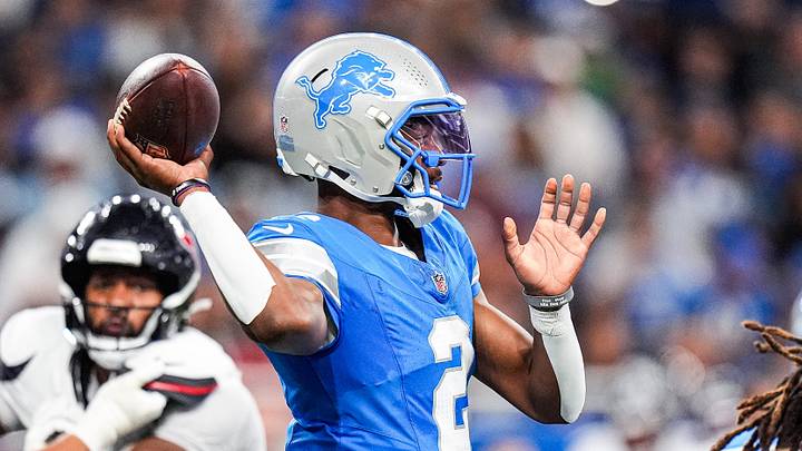 Former Detroit Lions quarterback Hendon Hooker (2) makes a pass against the Houston Texans during the first half at Ford Field in Detroit on Saturday, August 23, 2025.