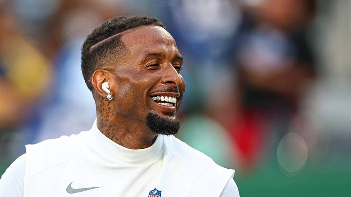 Aug 28, 2026; East Rutherford, New Jersey, USA; New York Giants wide receiver Odell Beckham Jr. (3) on the field during warm ups before the game against the New York Jets at MetLife Stadium.  