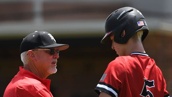Boiling Springs played Woodmont in class AAAAA Upper District 3 baseball at Boiling Springs High on May 6, 2023. Boiling Springs Head Coach Jeff Lipscomb on the field with Boiling Springs' Chansen Cole (5).