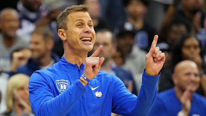 Mar 29, 2025; Newark, NJ, USA; Duke basketball head coach Jon Scheyer calls to his team during the first half against the Alabama Crimson Tide in the East Regional final of the 2025 NCAA tournament at Prudential Center. 