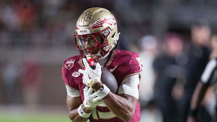 Florida State Seminoles wide receiver Micahi Danzy (19) catches a pass. The Miami Hurricanes defeated the Florida State Seminoles 22-28 at Doak Campbell Stadium on Saturday, Oct. 4, 2025.