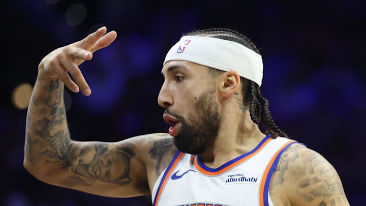 Feb 11, 2026; Philadelphia, Pennsylvania, USA; New York Knicks guard Jose Alvarado (5) reacts to his three pointer against the Philadelphia 76ers during the first half at Xfinity Mobile Arena. Mandatory Credit: Bill Streicher-Imagn Images