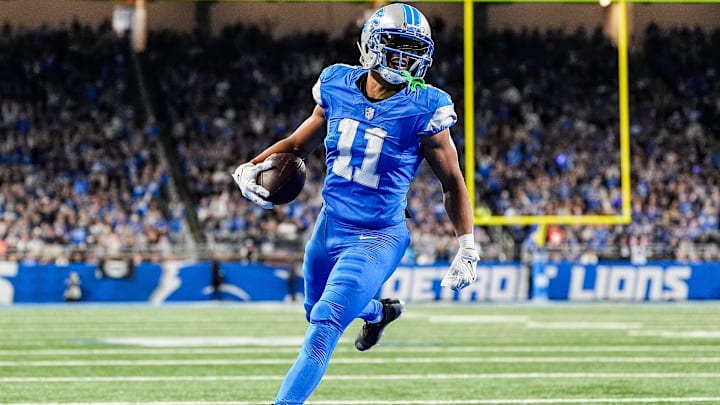 Detroit Lions wide receiver Kalif Raymond (11) runs for a touchdown against Tennessee Titans during the second half at Ford Field in Detroit on Sunday, Oct. 27, 2024.