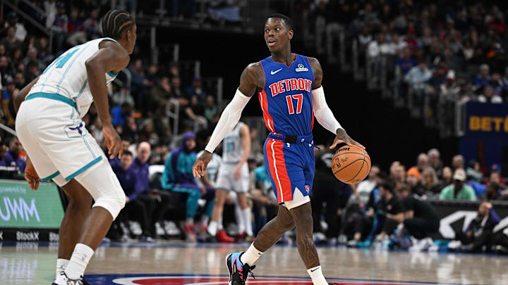 Feb 9, 2025; Detroit, Michigan, USA; Detroit Pistons newly acquired guard, Dennis Schroder (17) dribbles the ball up the court in the second quarter at Little Caesars Arena. Mandatory Credit: Lon Horwedel-Imagn Images